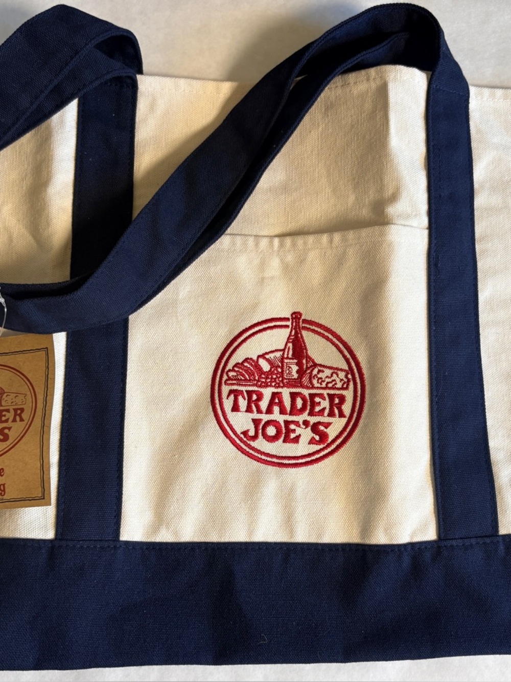 Trader Joe's Canvas Tote in Navy & Cream with Red Logo